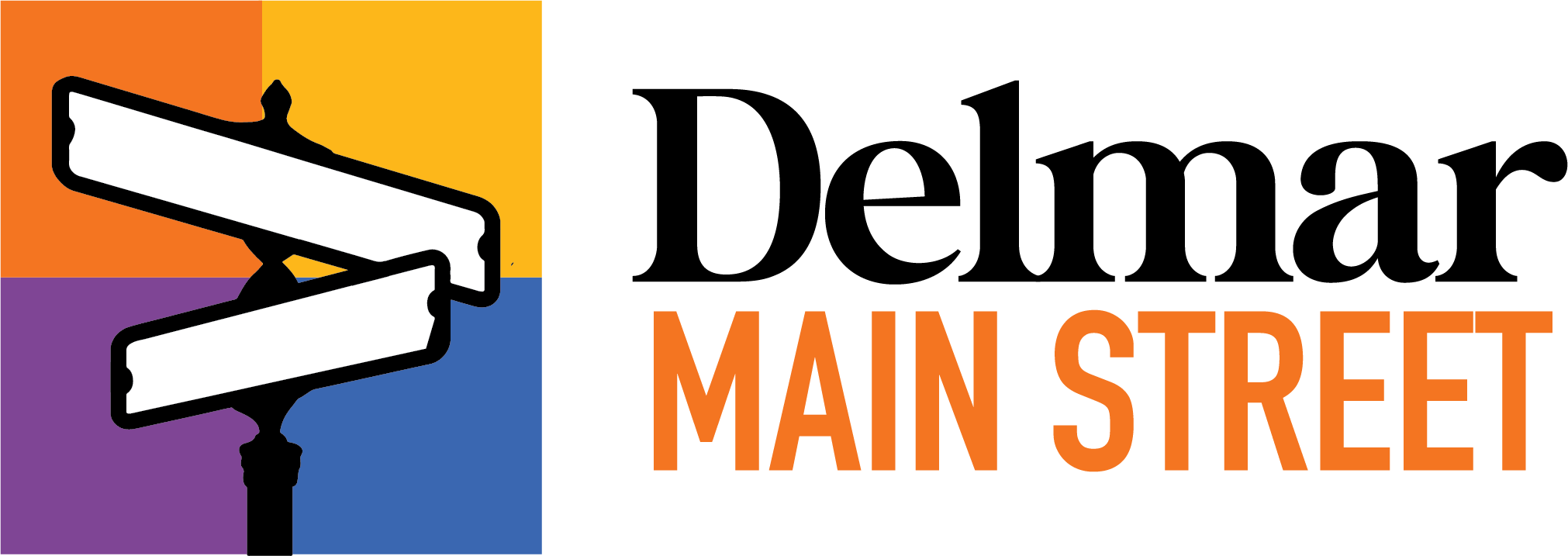 A black background with orange, blue and yellow letters.